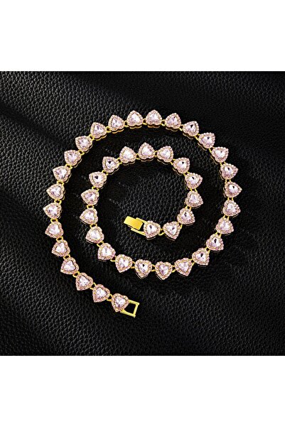Choice11 Gold-Pink Necklace Trendy Shiny Heart Zircon Hip Hop Rock Tennis Cha...