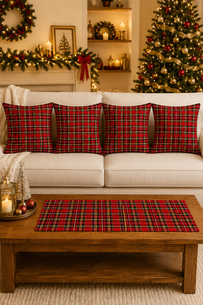 Hayal Dekoratif Red Background Plaid Pattern Christmas Set 4-Piece Throw Pill...