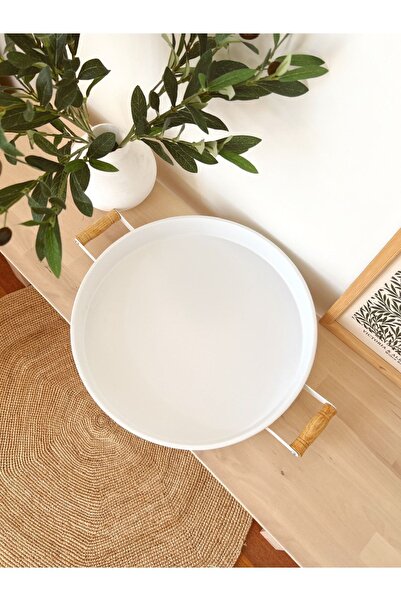KaiHome Country Style 47cm Round Large Size White Tray with Wooden Handles
