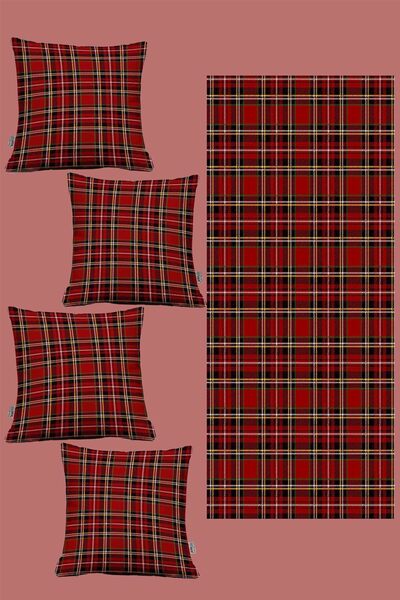 Hayal Dekoratif Red Background Plaid Pattern Christmas Set 4-Piece Throw Pillow Cover and Runner Set