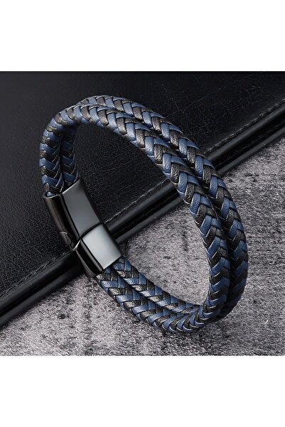 Choice Blue Men Black Blue Braided Genuine Leather Bracelet Double Band Bangle