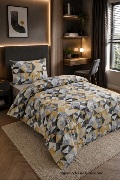 HOMENUP 100X200 Single Duvet Cover Set Patterned Yellow-Anthracite