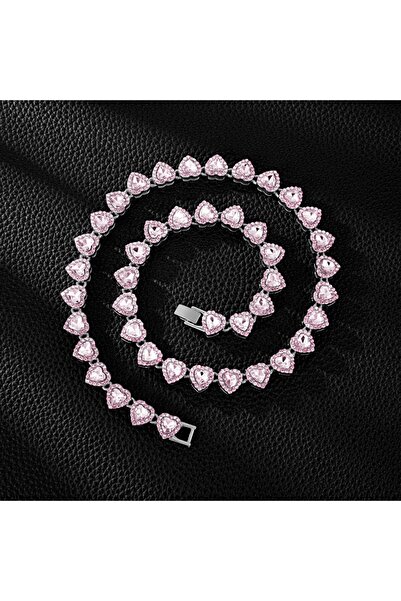 Choice14 Silver-Pink Necklace Trendy Shiny Heart Zircon Hip Hop Rock Tennis C...