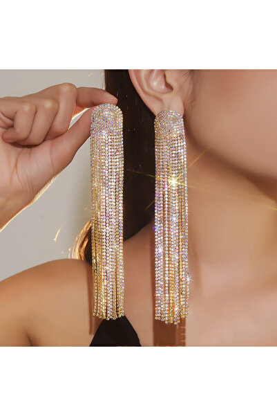 Choice gold FYUAN Long Tassel Full Rhinestone Drop Earrings for Women Ovsize ...