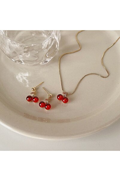 Choice Red Cherry 2Pcs Sweet Red Cherry Pendant Necklace Dangle Stud Earrings...