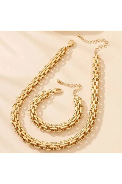 Choice sku1 2 PCS Set Gold Color Link Chain Necklace Bracelet Set Punk Bracel...