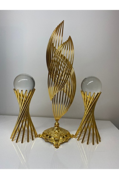 asellus 3'lü Lüks Dekorasyon Seti - Gold Helezon ve düz Kristal Küreli Burgulu