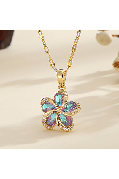 Choice 45cm Rust Red DIEYURO 316L Stainless Steel Green Zircon Flowers Pendan...