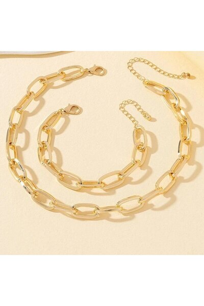 Choice sku2 2 PCS Set Gold Color Link Chain Necklace Bracelet Set Punk Bracel...