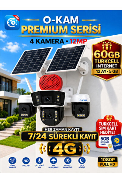O-KAM OK335B Premium Serisi 12MP 4 Kameralı 4G Çift Solar Panel Gece Görüş 1Y...