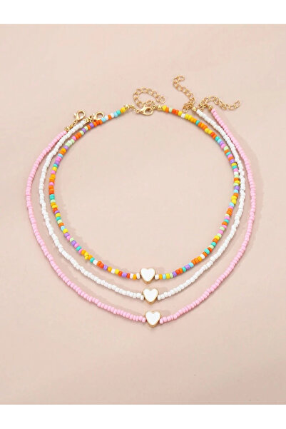 Choice Multicolor 3pcs/Set Girls' Colorful Beaded Heart Necklace Set, Decorat...