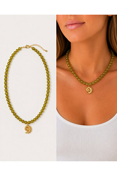 Arsaley Collection Gold Deniz Kabuğu Charm Yeşil Renk Yazlık Boncuk Kadın Kolye