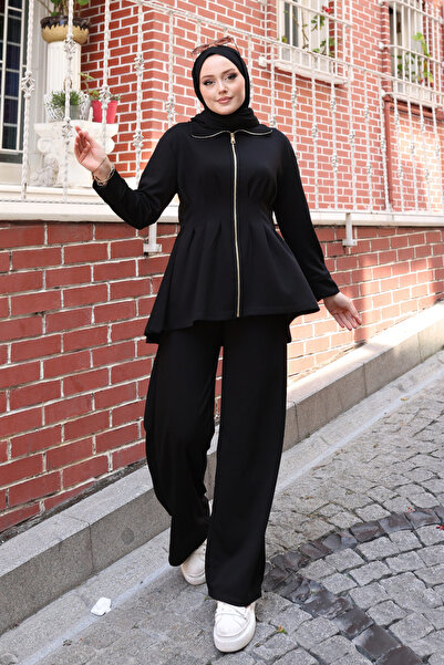 Balenbi Kadın Oversize Kesim Beli Pileli Ful Fermuarlı Modal Takım 1235 Siyah
