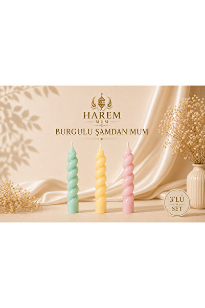 Burgulu Şamdan Mum Su Yeşili-Sarı-Gül Kurusu 3’lü Set