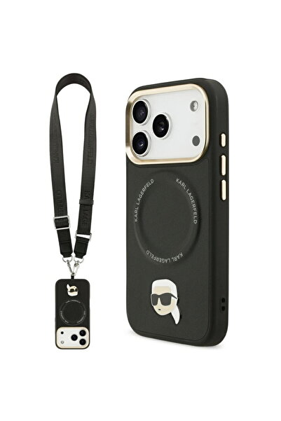 Karl Lagerfeld Husa iPhone 17 Pro - Carcasă rigidă cu curea lată, logo metali...