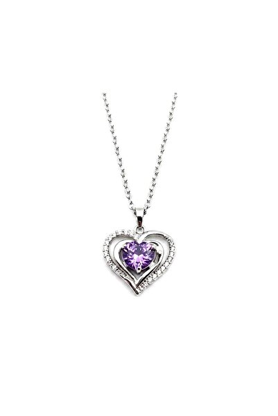Siya Silver Zircon Stone Amethyst Steel Heart Necklace - Gift Boxed
