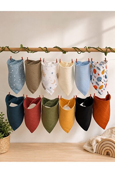 3Baby 12 Adet %100 Organik Pamuk Çift Katlı Iki Çıtçıtlı Müslin Bebek Fular & Salya Önlük
