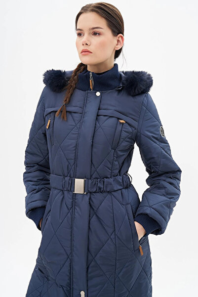 Kayra Stand Collar Zipper Detailed Quilted Anorak Coat Dark Navy Blue