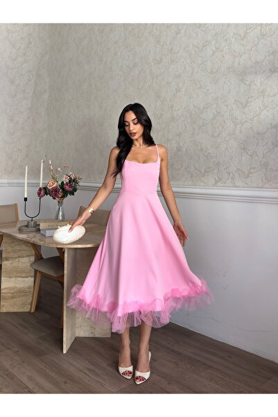 MODA DURAĞI Kaliteli premium Kadın Eteği Tül Detaylı Askılı Midi Boy Abiye Pr...