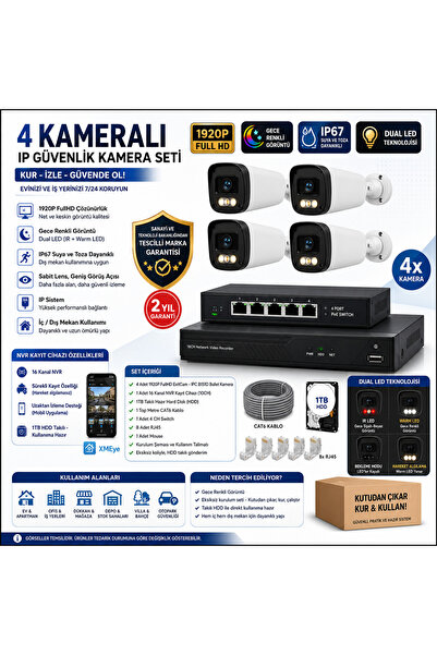 KARER 4'lü IP Dual Led-Güvenlik Kamera Seti-Gece Renkli Görüntü-Su Geçirmez D...