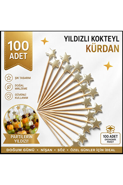 KREATİF HEDİYELİK 100 Adet Yıldızlı Kokteyl Kürdan  Söz Nişan Doğumgünü