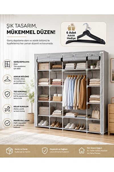 Teknor Prado Xtra Çift Yandan Raflı Çelik Profilli Bez Dolap Gri (6 Askılık H...