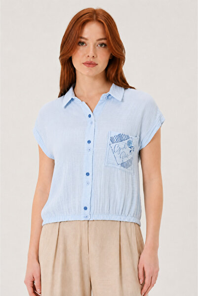 Sortie Collection Women's Blue Color Elastic Waist Short Sleeve Pocket Printe...