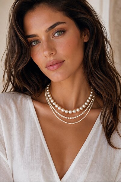 Camellie KY Jewels Ivory Cascade | Ekru Cam İnci Altın Kaplama Layer Kolye Seti