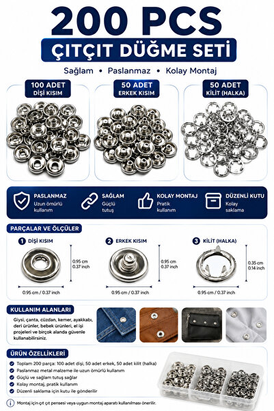 NEWSTORE HOME 9.5mm Nikel Gümüş Bebe Çıtçıt 400 Adet 100 takım