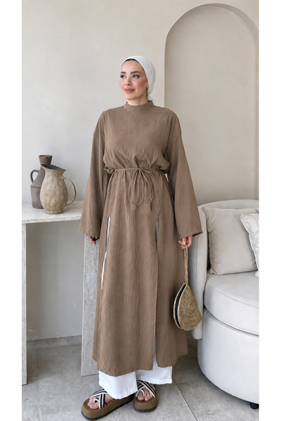 RFK Butik Kadın Seyyar Kemerli Kraş Yırtmaç Detaylı Tunik Boy Bluz - Sütlü Ka...