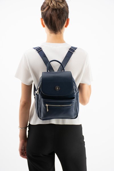 Sanmorris Women's Faux Leather, Medium Size Multi-Compartment, Zippered, Stylish and Convenient Backpack Navy Blue