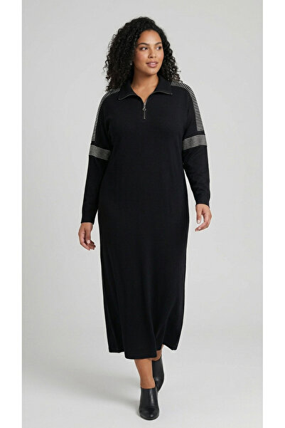MAXLEVEL MODA Black Women's Dress with Stone Detail on the Shoulders and Slee...