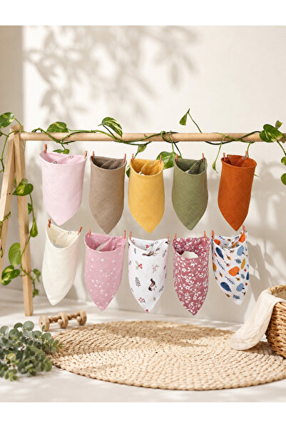 3Baby 10 Adet %100 Organik Pamuk Çift Katlı Iki Çıtçıtlı Müslin Kız Bebek Fular & Salya Önlük