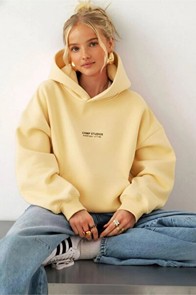 GIA - ART Kadın Oversize Sweatshirt Hoodie CHMP STUDIOS Baskılı Sarı – Kapüşo...