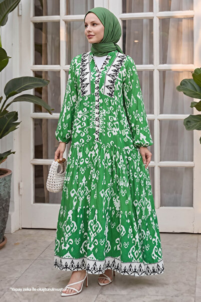 InStyle Buttoned Loose Print Green Viscose Dress