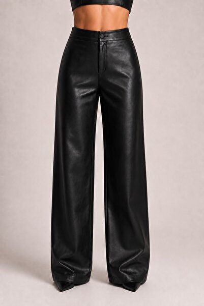 Grenj Fashion Black Wide Leg Faux Leather Trousers