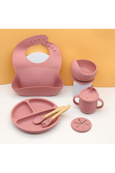 Choice1 Dark Pink 7pcs Baby Silicone Tableware Set, Bib, Dining Plate, Bowl w...