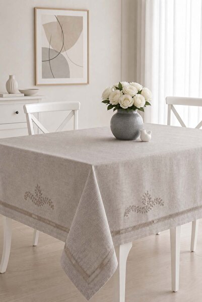 ÖDEL BULDAN Elegant Embroidered Linen Tablecloth with Lace-Stone