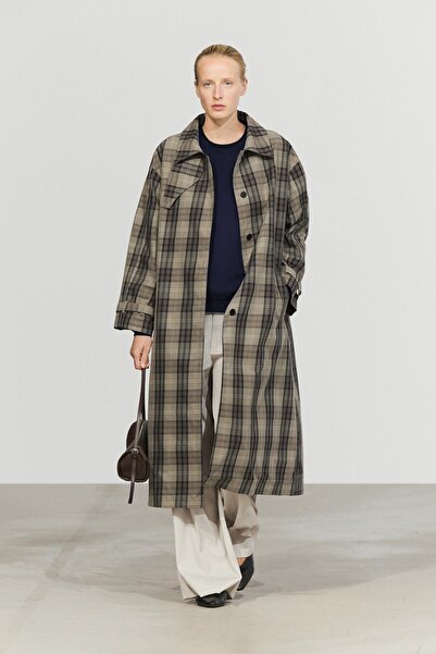 Massimo Dutti Pamuk karışımlı kareli uzun parka trençkot