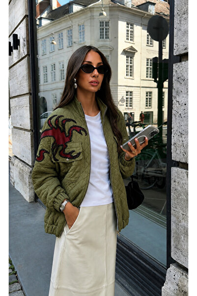 GZ Design Army Green Bomber Jacket with Bead Embroidered Scorpion Detail on L...