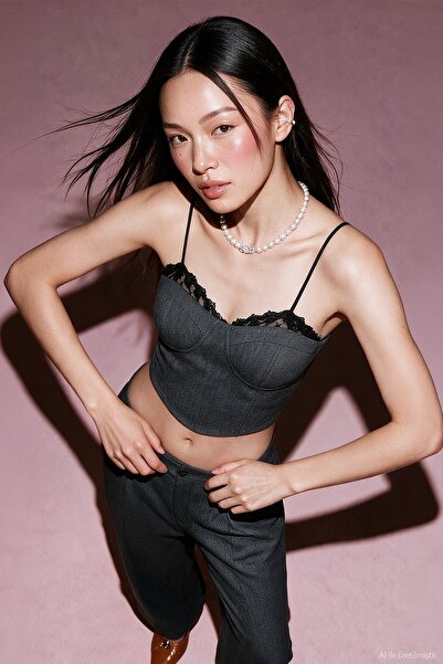 Quzu Dantelli Askılı Korse Crop Bluz Antrasit