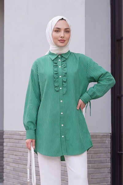 Modamorfo Lace-Up Sleeve Striped Shirt Tunic with Ruffles on the Front - Emer...