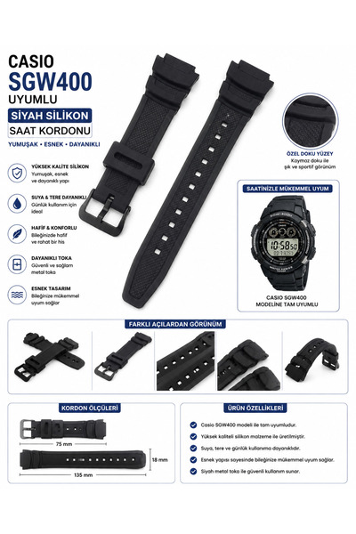 onlinekordon Casio Sgw400 Siyah Silikon Saat Kordonu