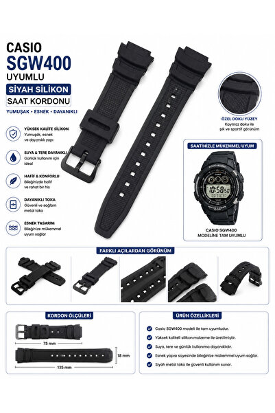 onlinekordon Casio Sgw-300h-1a, Sgw-400h-1b Saat Uyumlu Siyah Renk Silikon Sa...