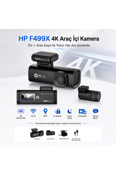 HP F499X 4K FULL HD, Araç İçi Ön + Arka Kamera, 1.5 inch LCD Ekranlı (RESMİ D...