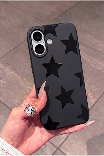 KVK PRİVACY iPhone 17 Uyumlu Siyah Kabartmalı Yıldız Desenli Kadifemsi Soft T...