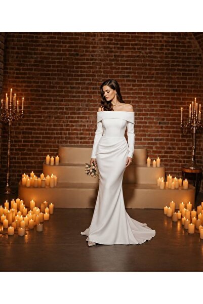 bontesel Drape Detaylı Beyaz Nikah Elbisesi Nişan Elbisesi Söz Elbisesi