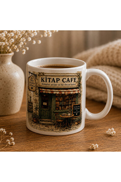 Kitap Cafe Temalı Baskılı Kupa, Hediye Kupa, Kupa