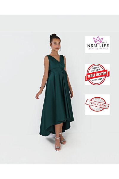2021 NSM LİFE quality of life Girl's Asymmetrical Emerald Green Wrap Dress Bi...