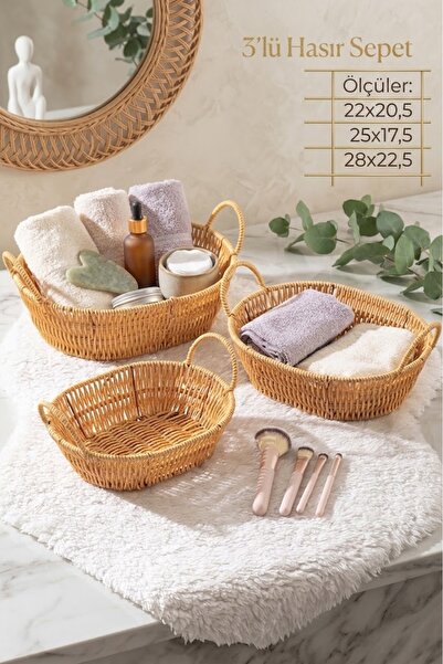 Porsima 302-B Oval 3-Piece Wicker Organizer Set with Handles for Home and Bat...